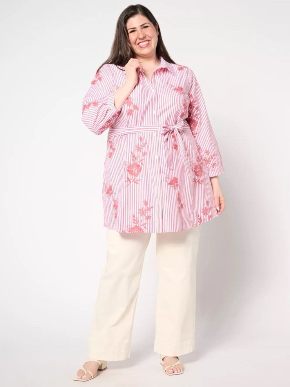 Dennis Basso Size Large Petite Button Front Floral Embroidered Red Striped Shirt